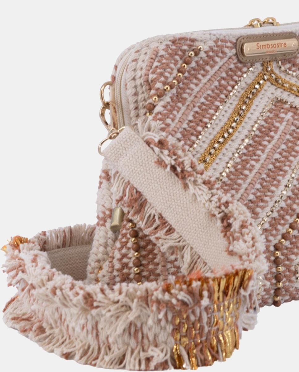Mala Clutch de Algodão com Fecho Metálico e Bordados Dourados Ouro-4