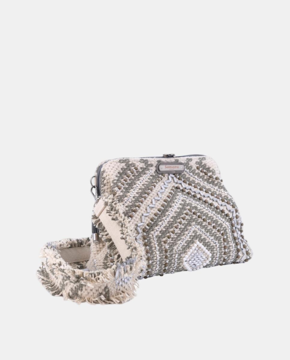 Mala Clutch de Algodão com Fecho Metálico e Bordados Prateados Prata-2