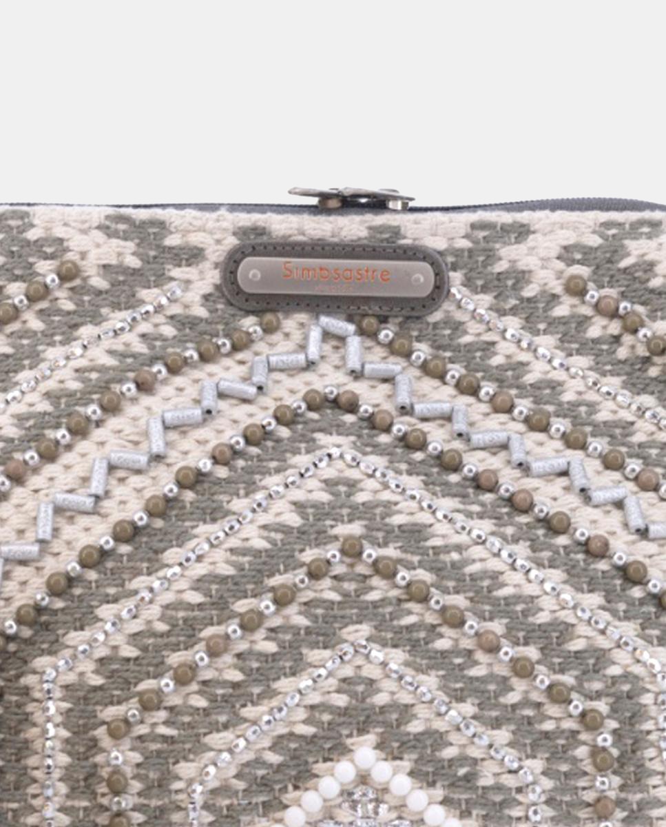 Mala Clutch de Algodão com Fecho Metálico e Bordados Prateados Prata-4