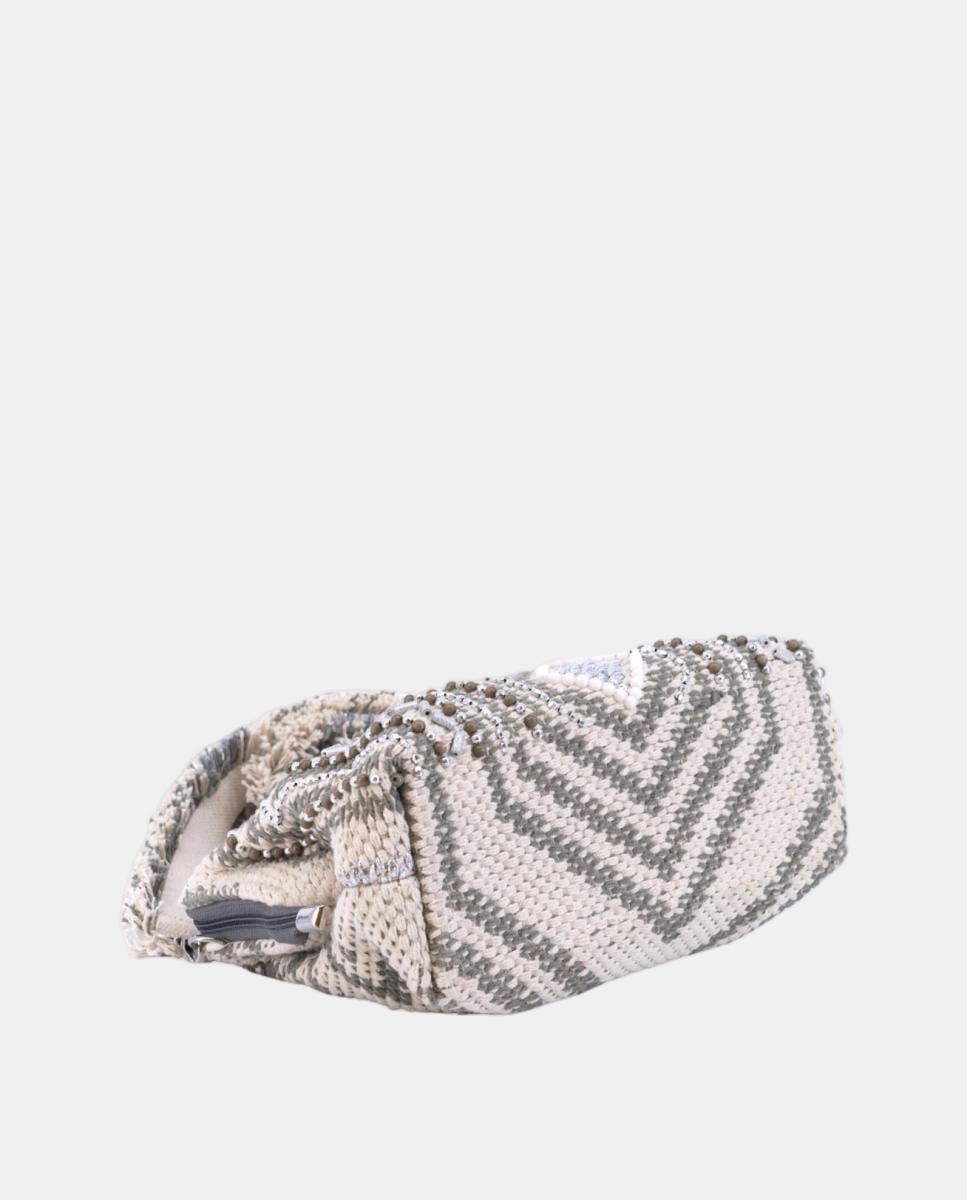 Mala Clutch de Algodão com Fecho Metálico e Bordados Prateados Prata-5