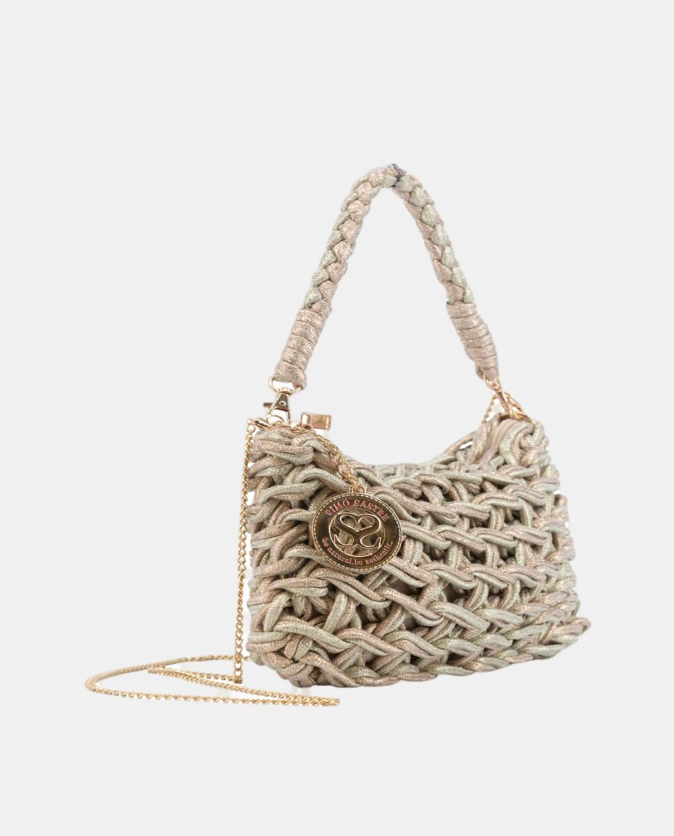 Mala Clutch de Corda Entrançada em Algodão Metalizado Ouro-2