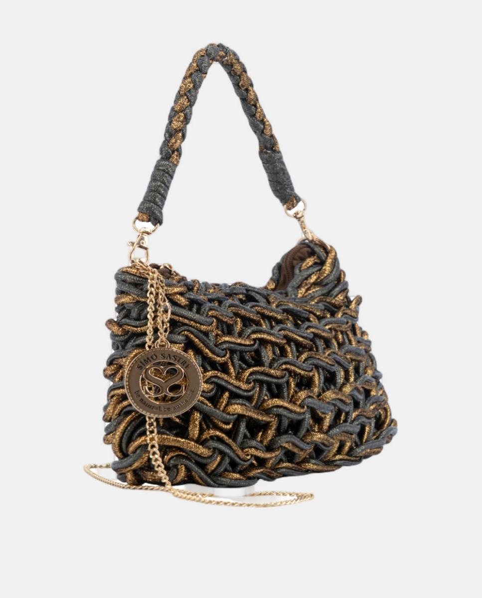 Mala Clutch de Corda Entrançada em Algodão Metalizado Cinzento-2
