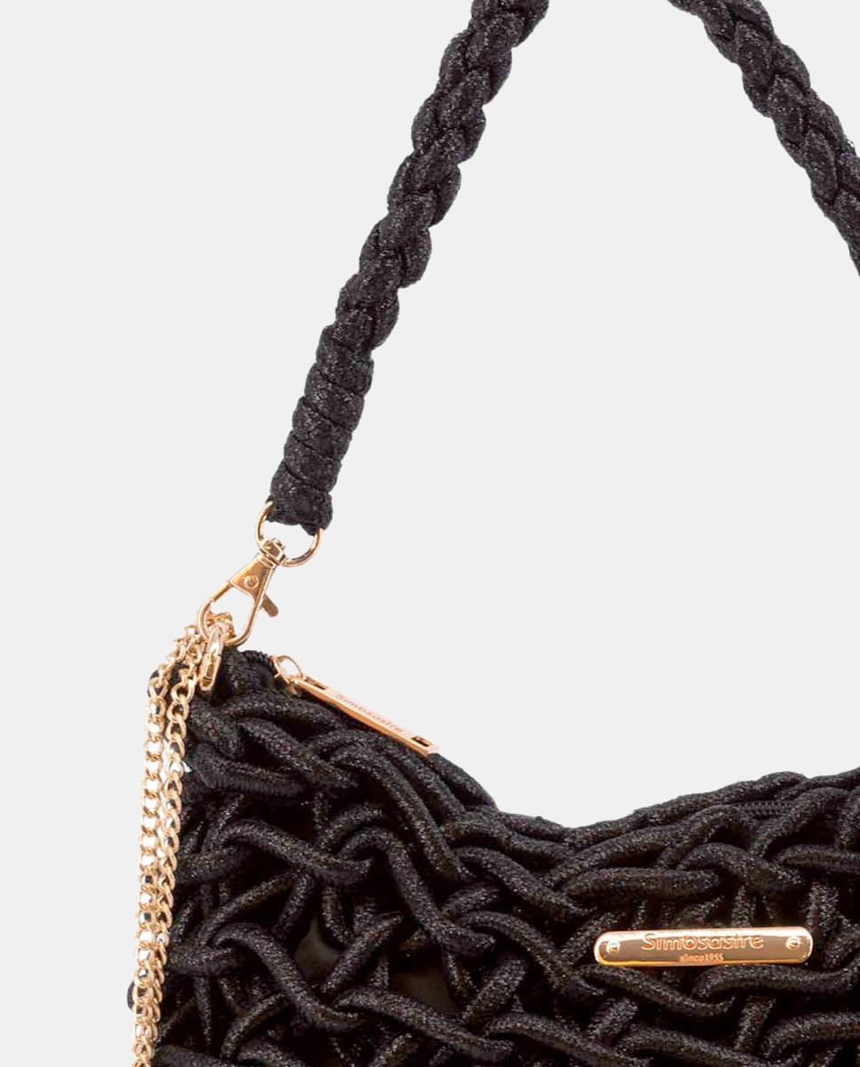 Mala Clutch de Corda Entrançada em Algodão Metalizado Preto-4