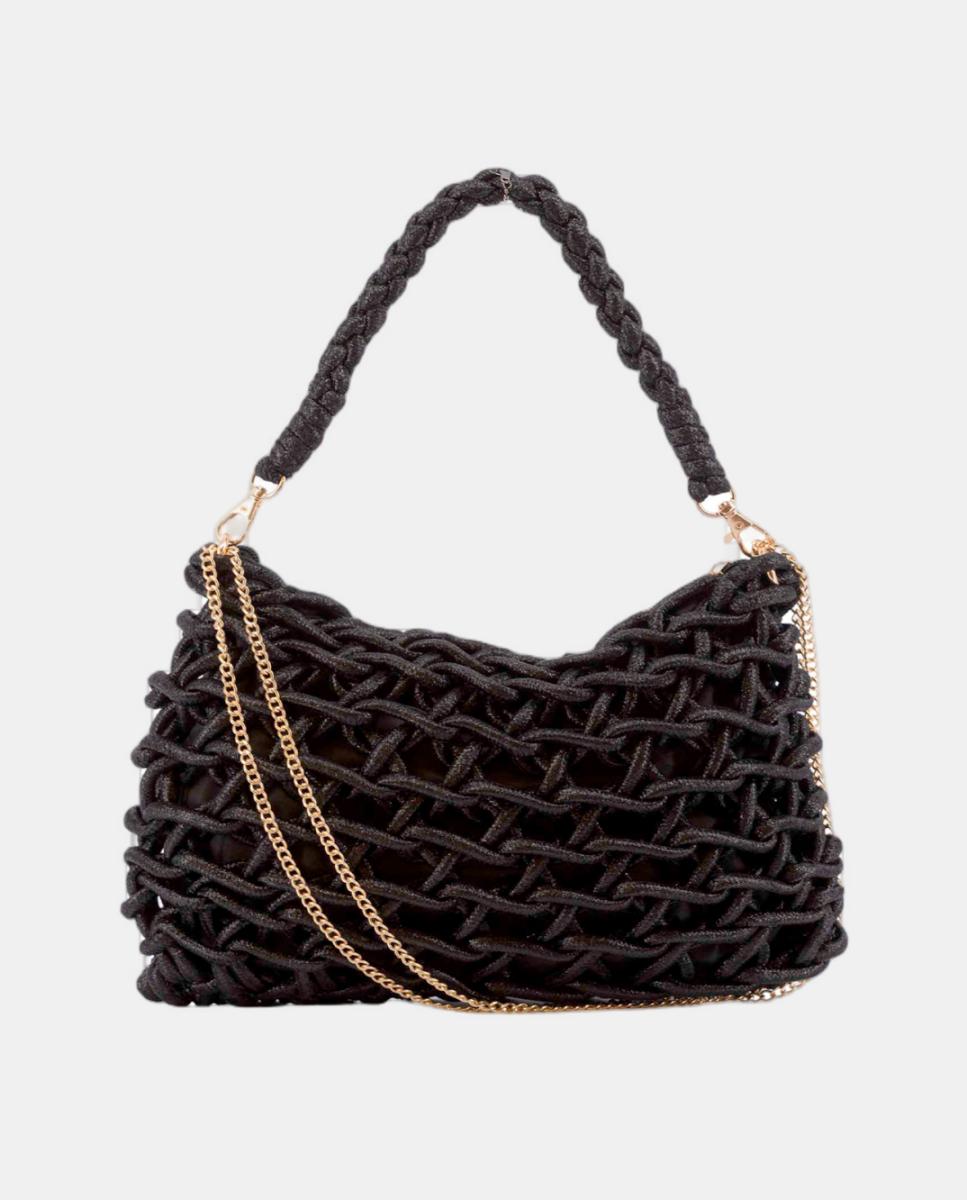 Mala Clutch de Corda Entrançada em Algodão Metalizado Preto-5