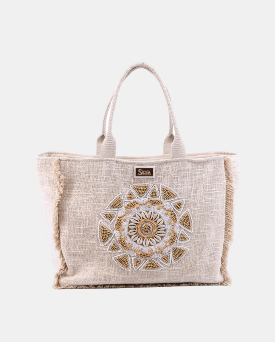 Imagem 0 de Mala Shopper de Algodão com Bordados - Bege