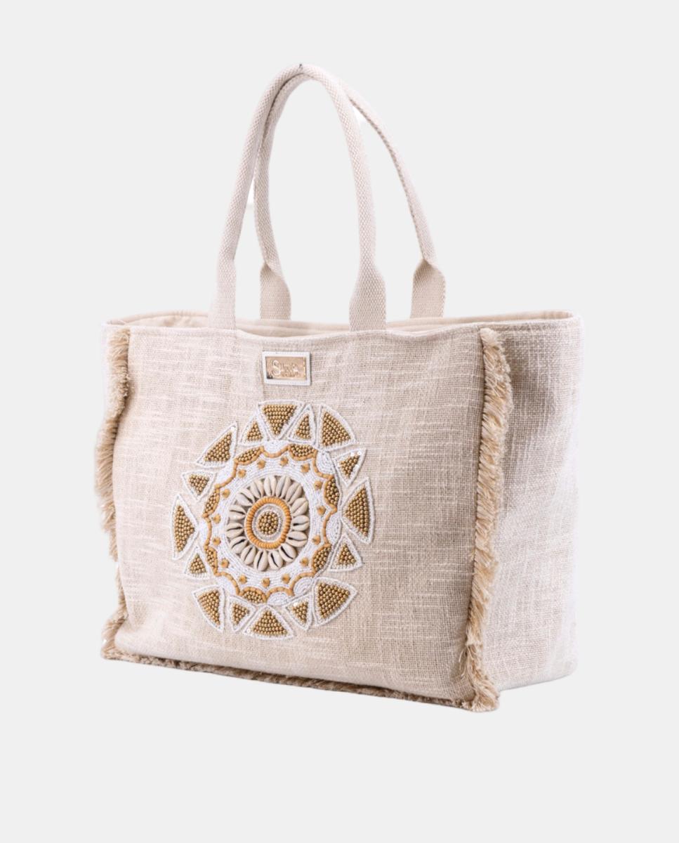 Mala Shopper de Algodão com Bordados - Bege Bege-2