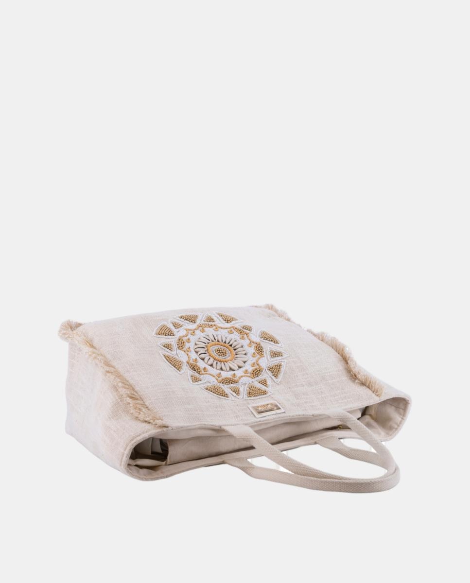 Mala Shopper de Algodão com Bordados - Bege Bege-3