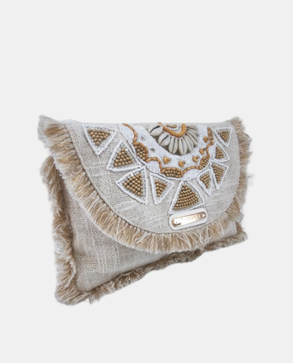 Mala Clutch de Algodão com Bordados - Bege Bege-2