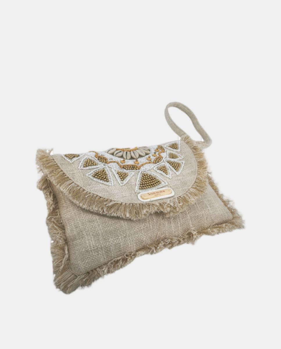 Mala Clutch de Algodão com Bordados - Bege Bege-5
