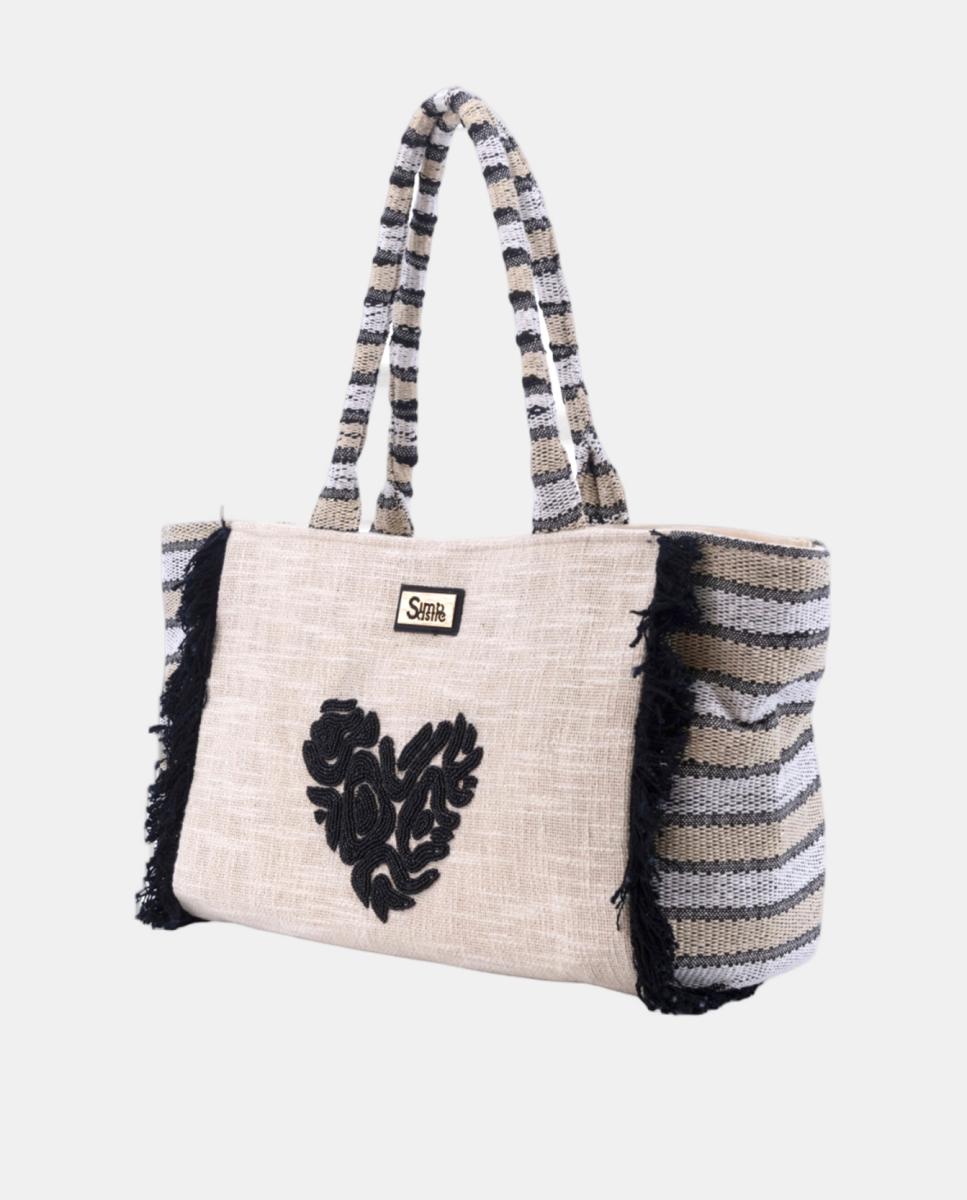 Mala Tipo Tote de Algodão com Bordados - Preto Preto-2