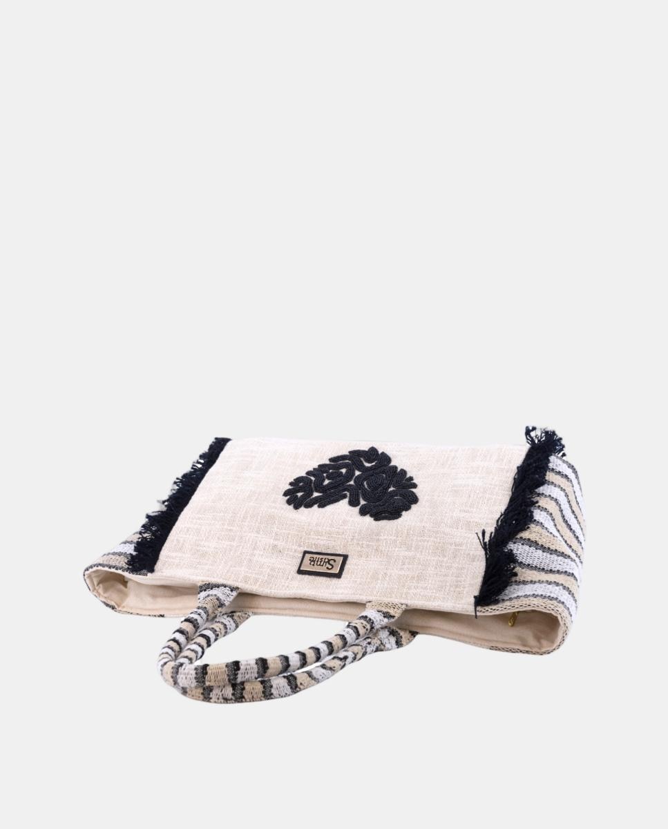 Mala Tipo Tote de Algodão com Bordados - Preto Preto-3