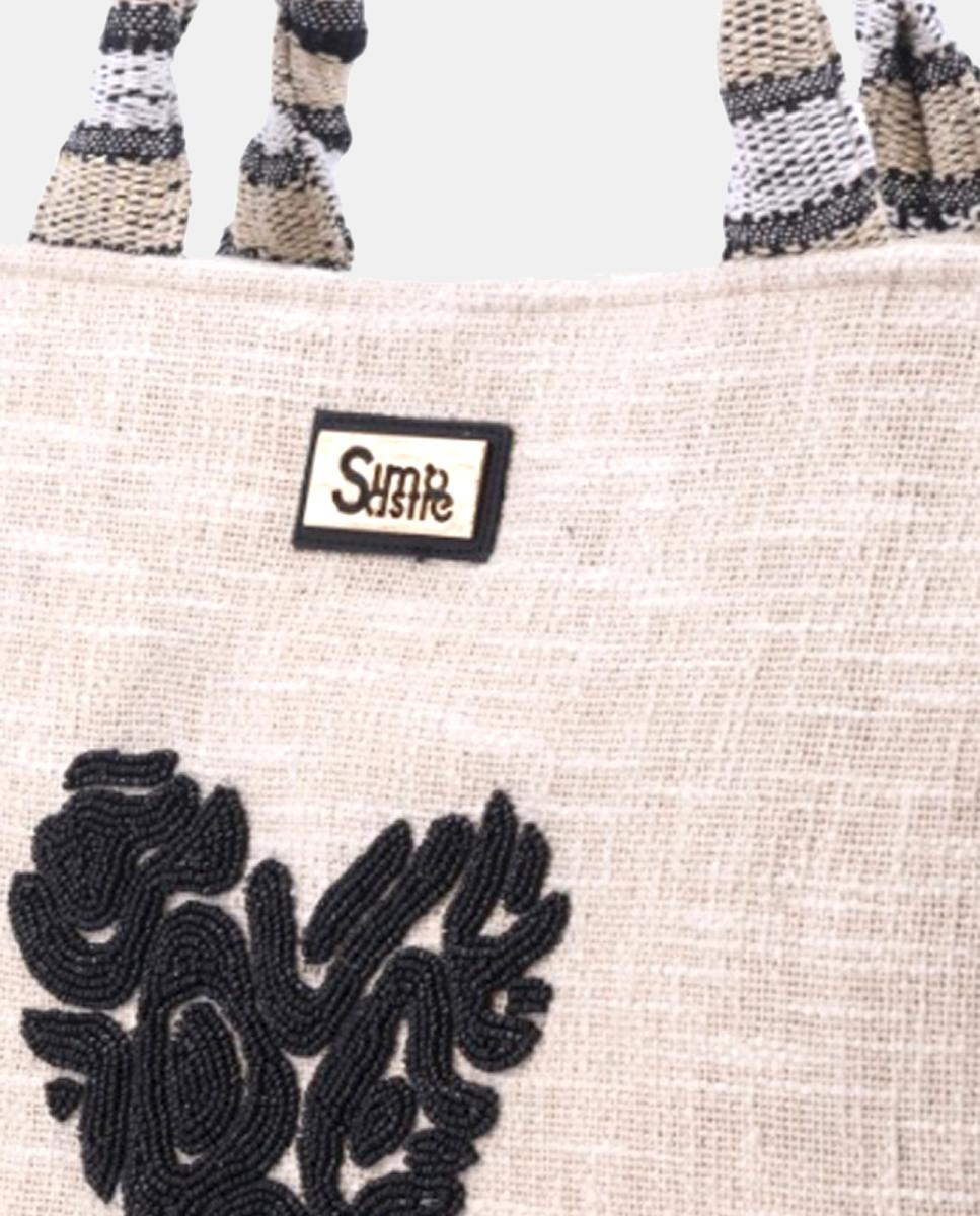 Mala Tipo Tote de Algodão com Bordados - Preto Preto-4