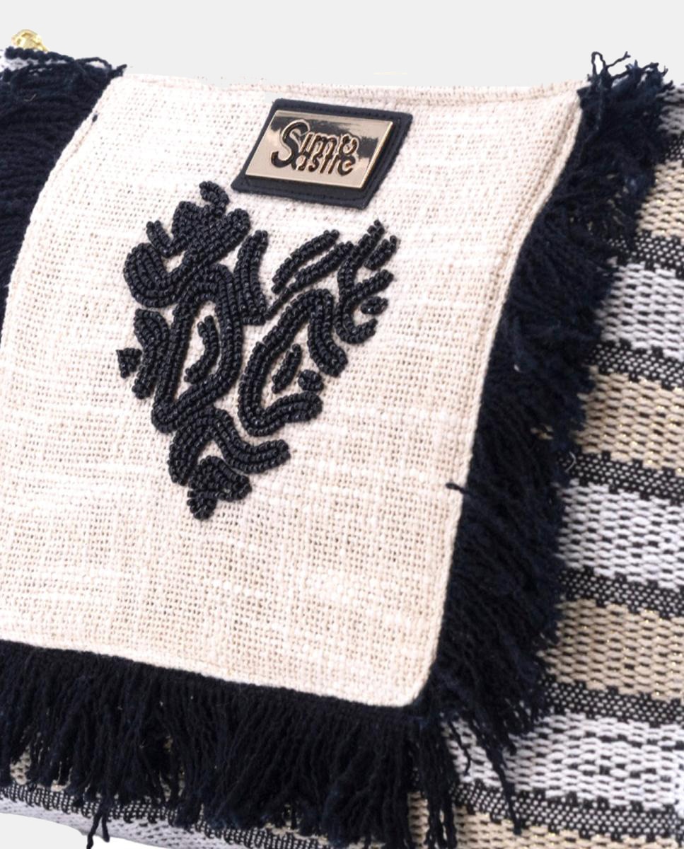 Mala Clutch de Algodão com Bordados - Preto Preto-4