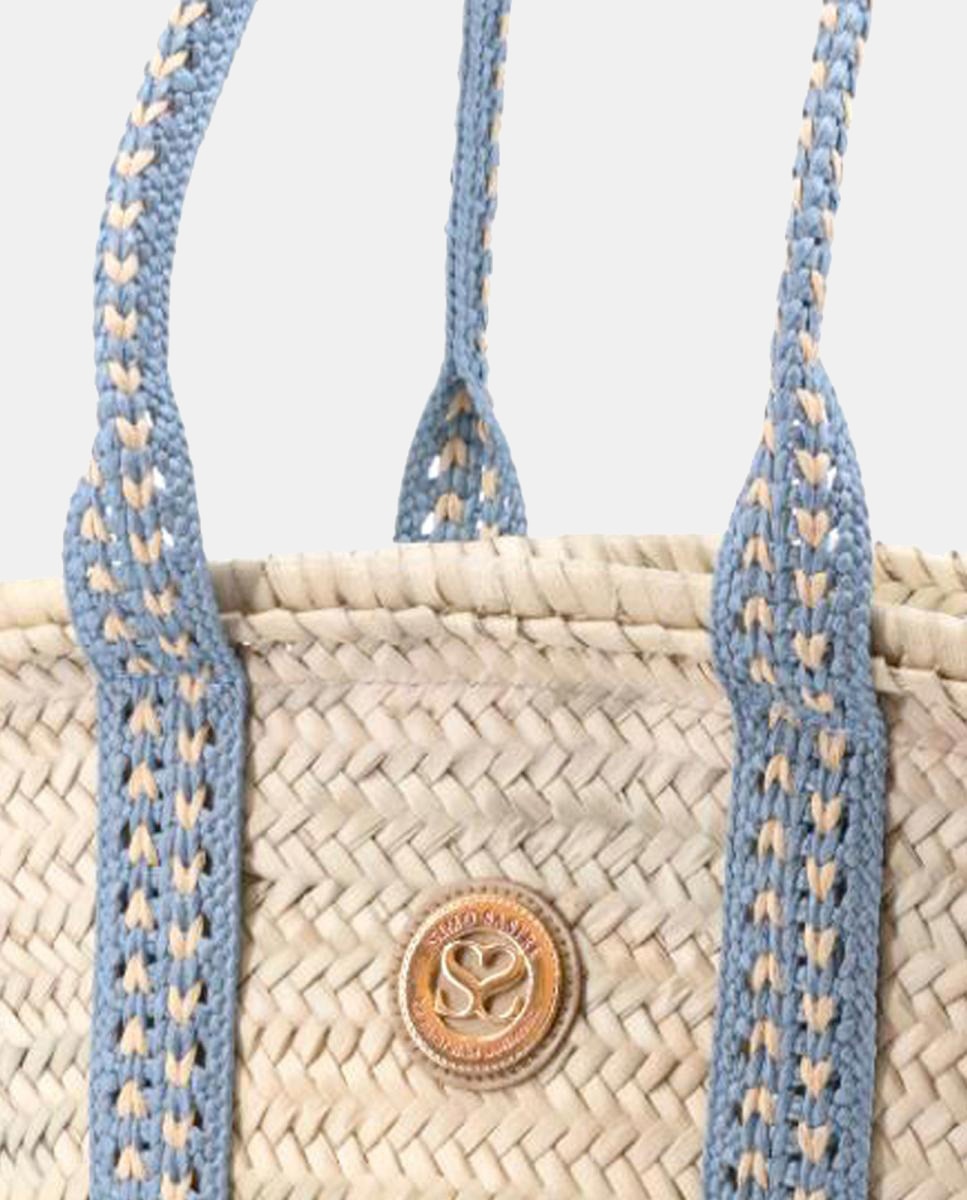 Cesta Grande de Palma Natural com 10 Dobras Azul-4
