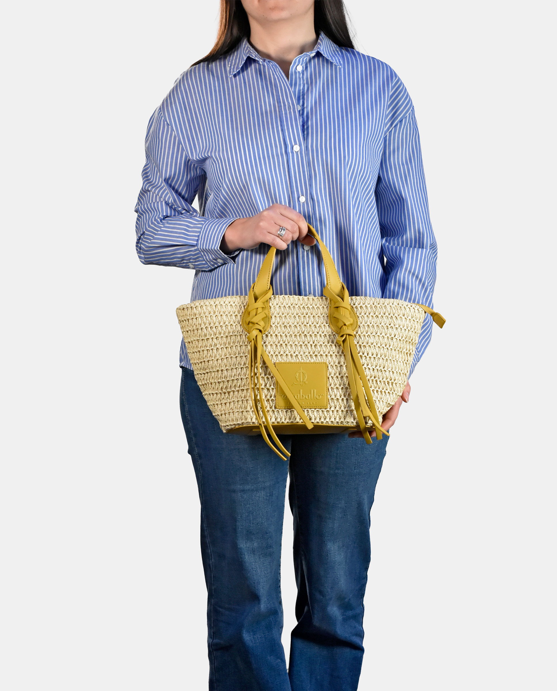 Cesta de Alça Dupla Elaborada em PU Amarelo-limão-5