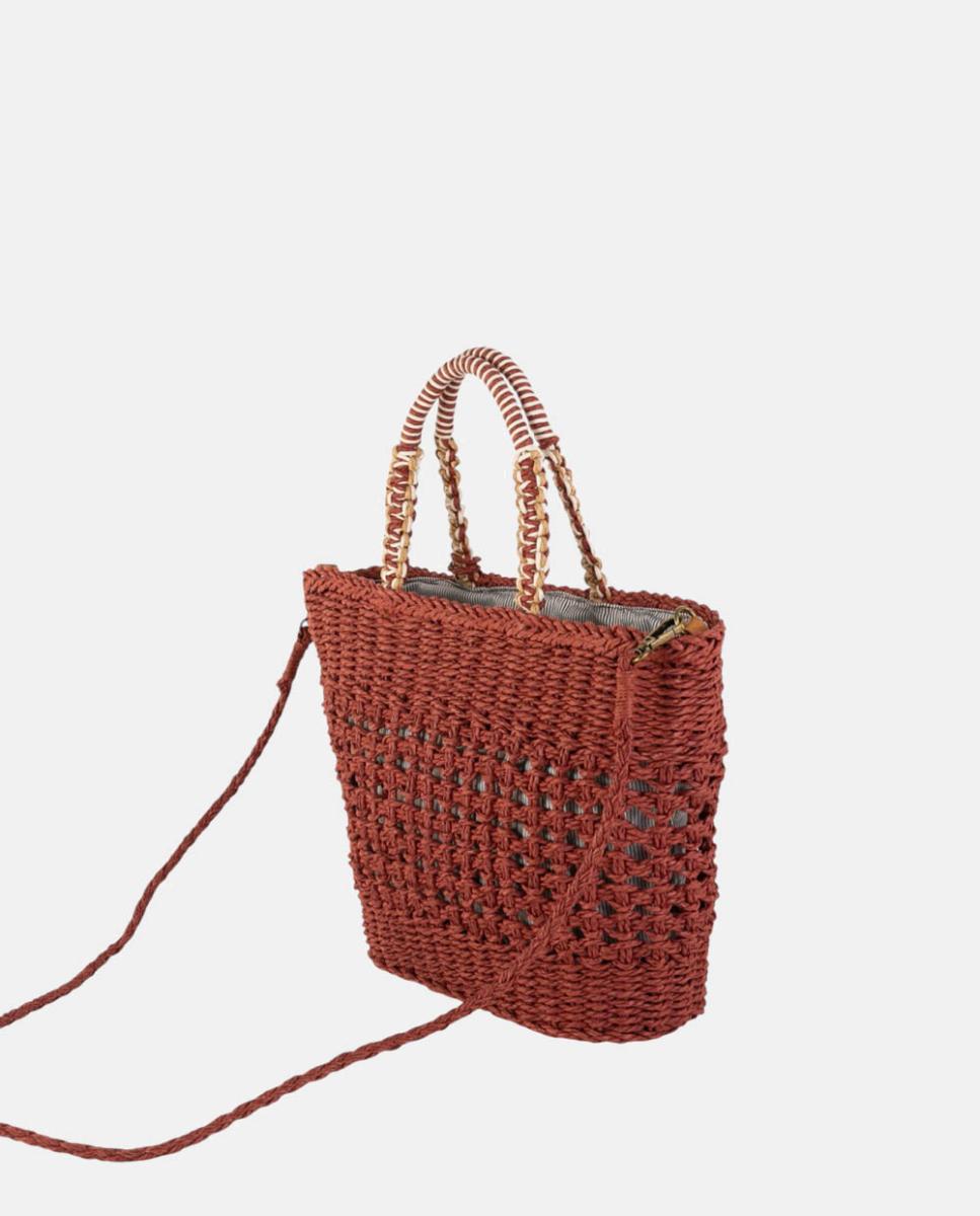 Mala Tipo Cesta de Ráfia Entrançada com Desenho Rendilhado Vermelho/Grená-3