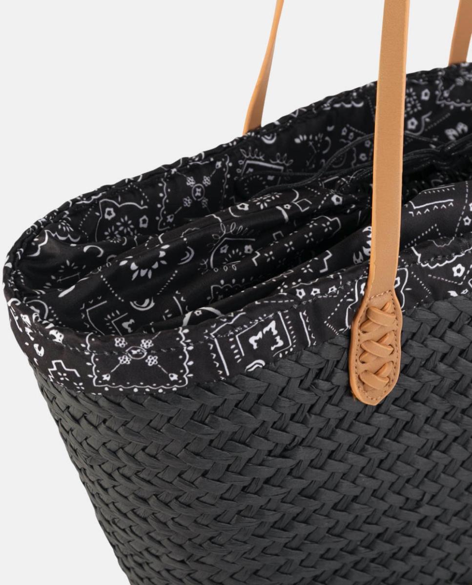 Mala Tipo Cesta de Ráfia Grande com Alças de Ombro e Forro Paisley Preto-2