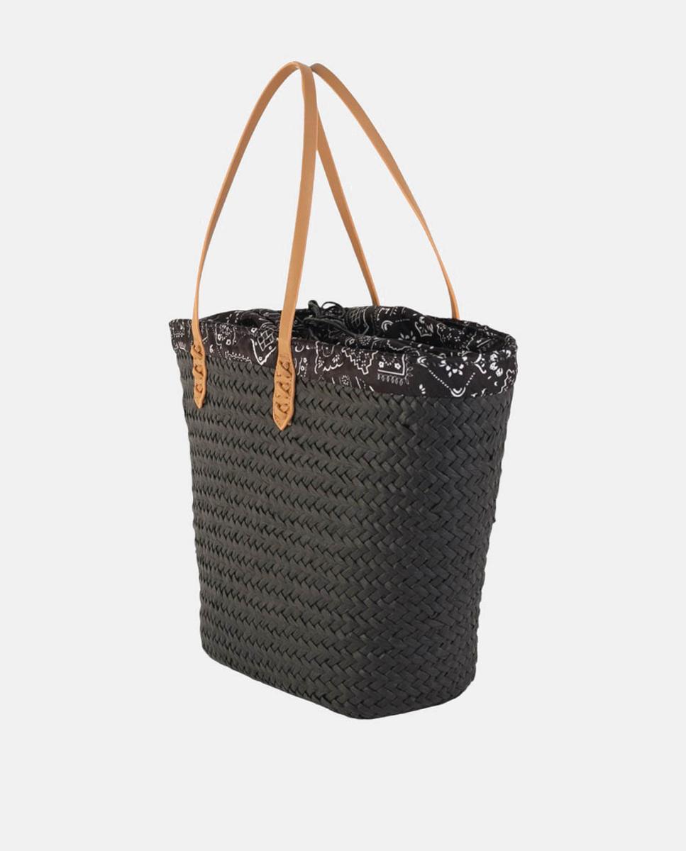 Mala Tipo Cesta de Ráfia Grande com Alças de Ombro e Forro Paisley Preto-3