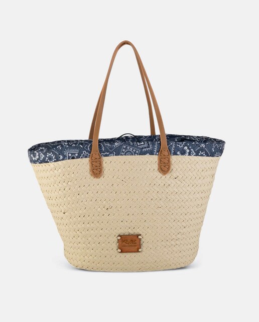 Bolso capazo de rafia grande con asas al hombro y forro paisley