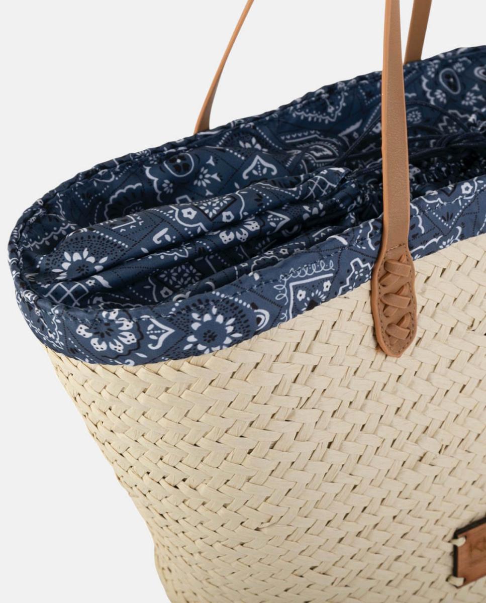 Mala Tipo Cesta de Ráfia Grande com Alças de Ombro e Forro Paisley Natural-2