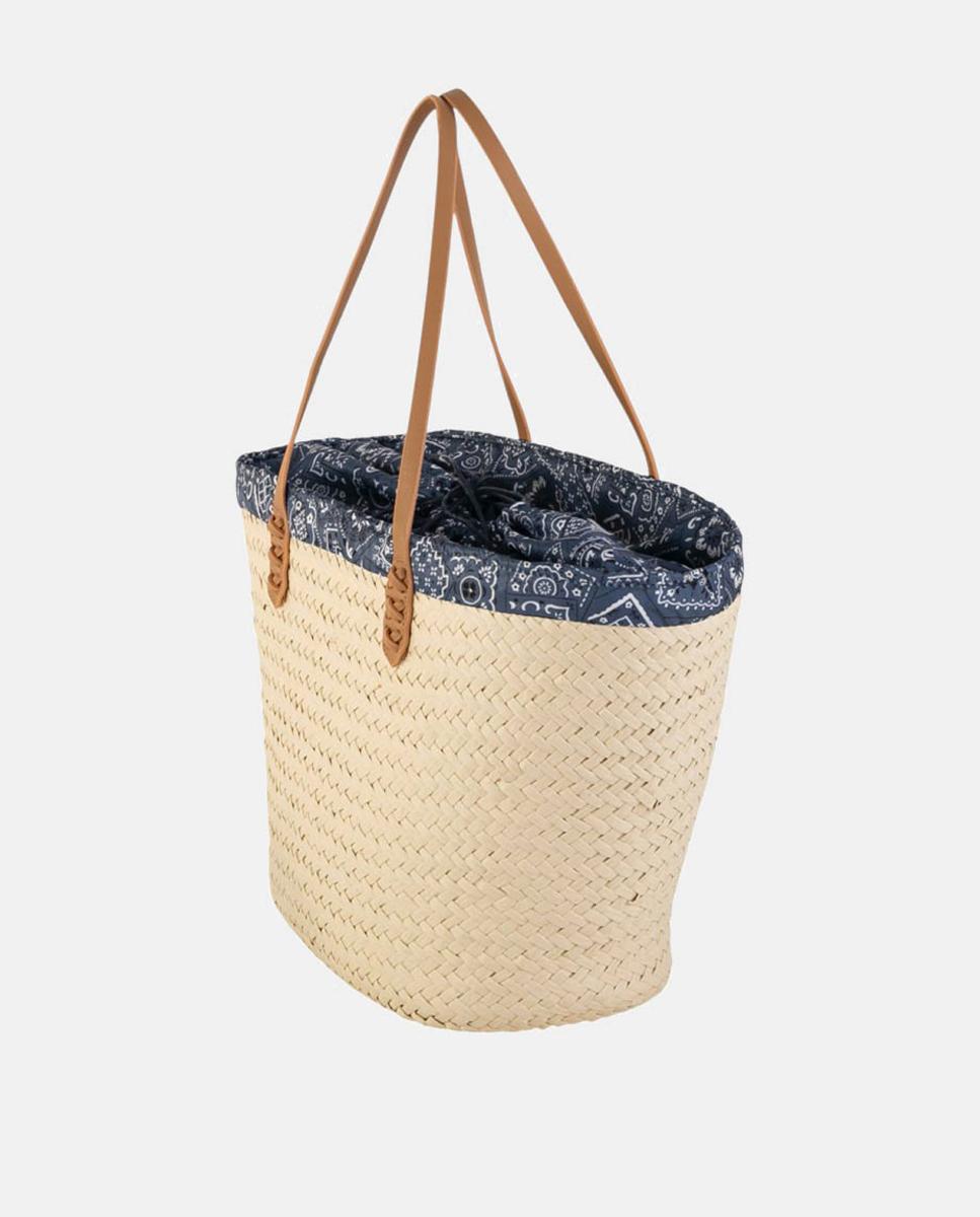 Mala Tipo Cesta de Ráfia Grande com Alças de Ombro e Forro Paisley Natural-3