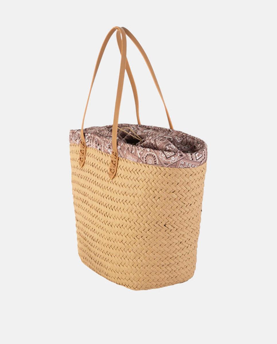 Mala Tipo Cesta de Ráfia Grande com Alças de Ombro e Forro Paisley Castanho-claro-3