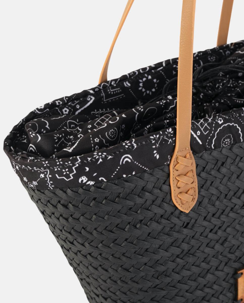 Mala Tipo Cesta de Ráfia Média com Alças de Ombro e Forro Paisley Preto-2