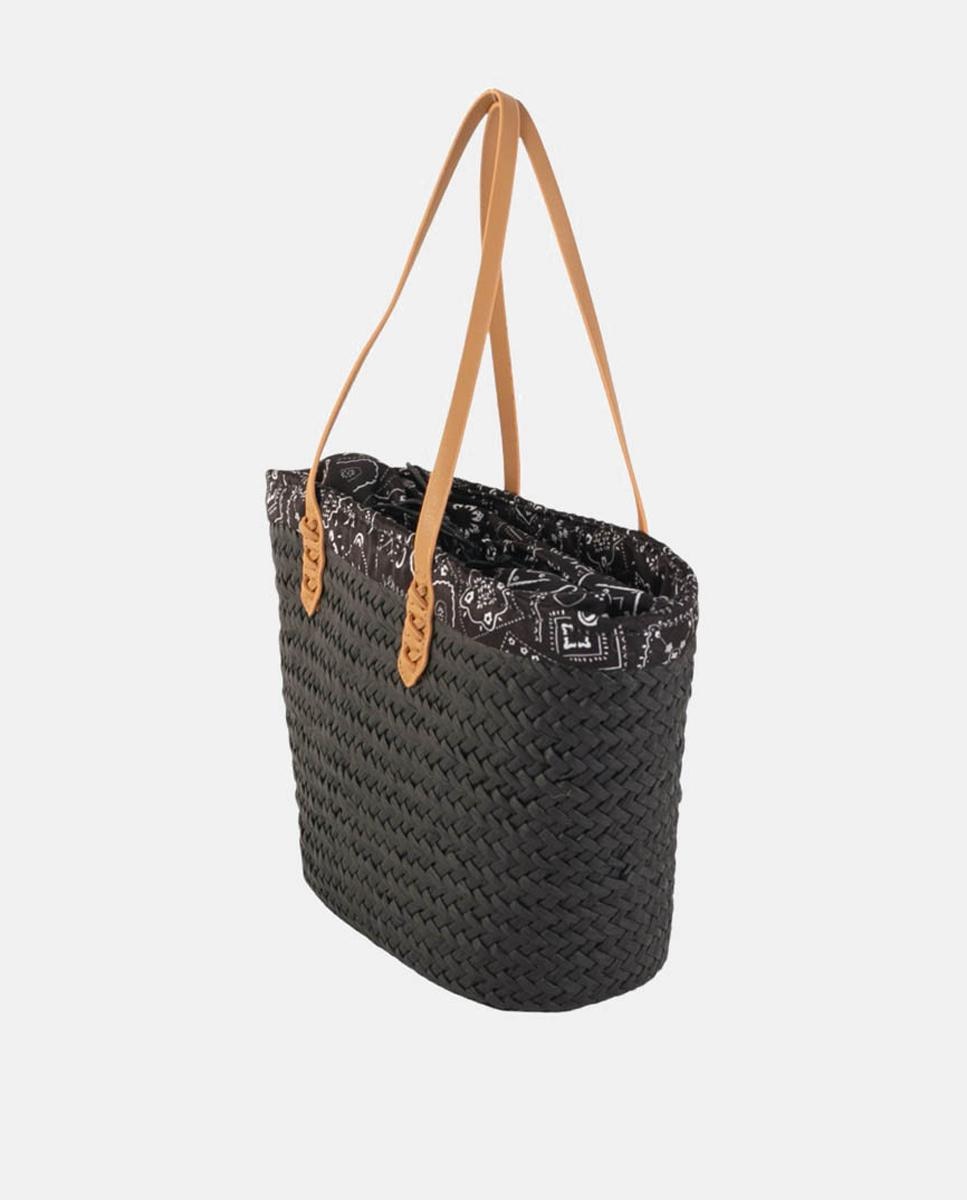 Mala Tipo Cesta de Ráfia Média com Alças de Ombro e Forro Paisley Preto-3