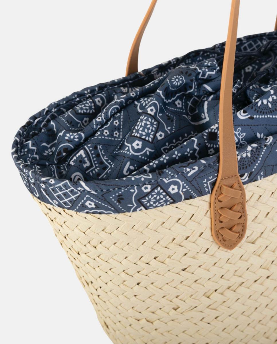 Mala Tipo Cesta de Ráfia Média com Alças de Ombro e Forro Paisley Natural-2