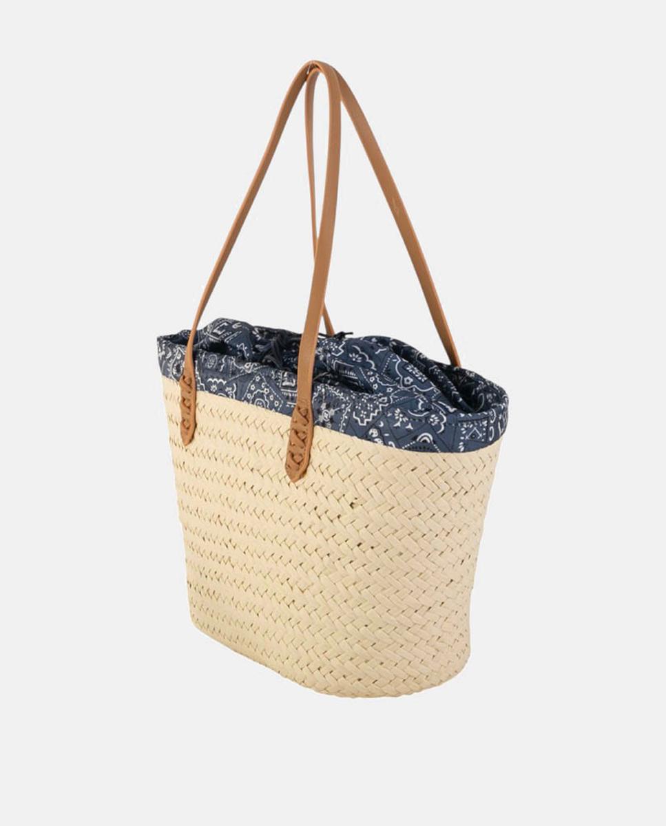 Mala Tipo Cesta de Ráfia Média com Alças de Ombro e Forro Paisley Natural-3