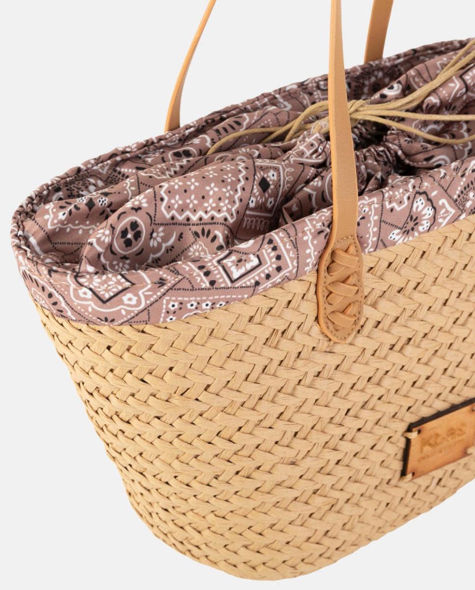 Mala Tipo Cesta de Ráfia Média com Alças de Ombro e Forro Paisley Castanho-claro-2
