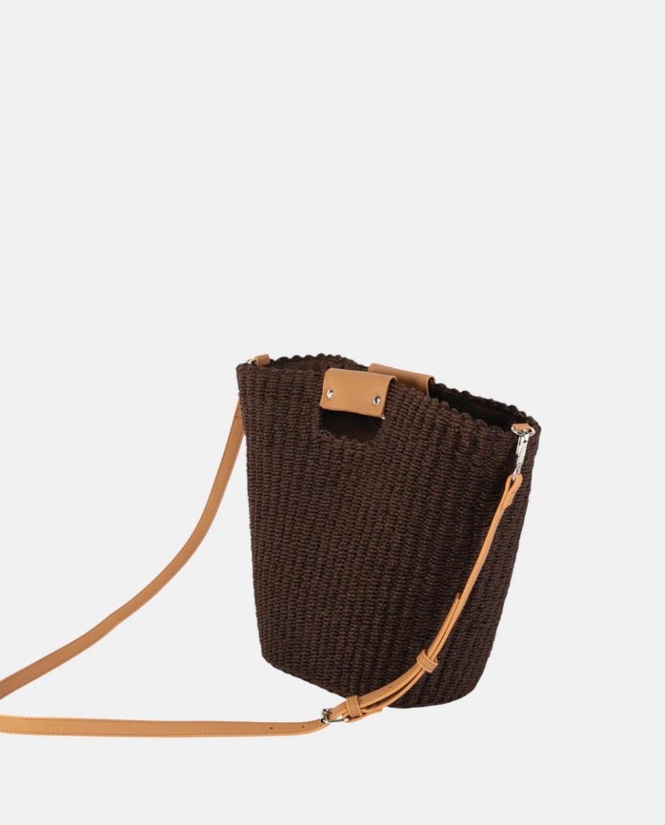 Mala Tipo Cesta Grande de Ráfia com Alça Comprida Ajustável Castanho-3