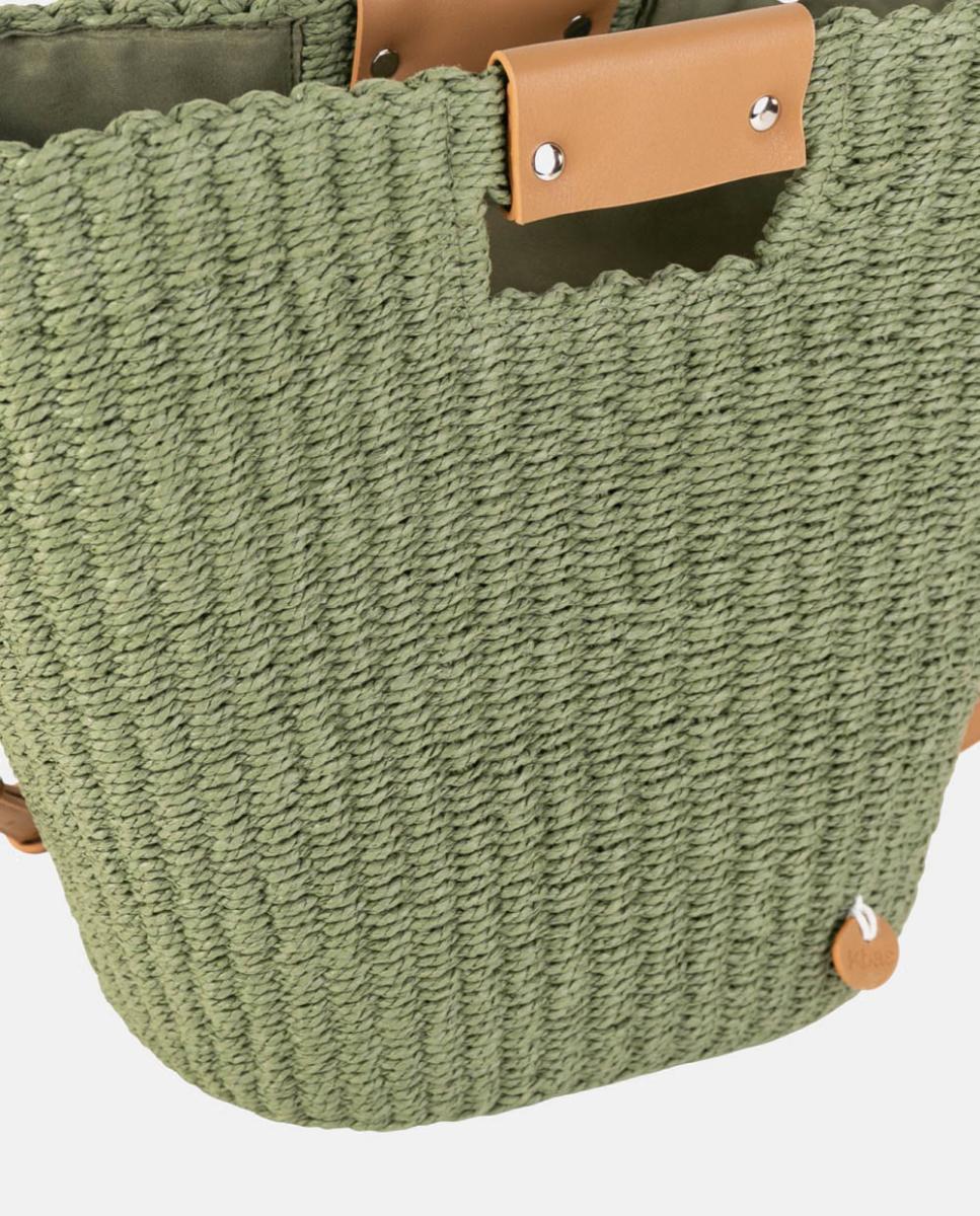 Mala Tipo Cesta Grande de Ráfia com Alça Comprida Ajustável Verde-militar-2