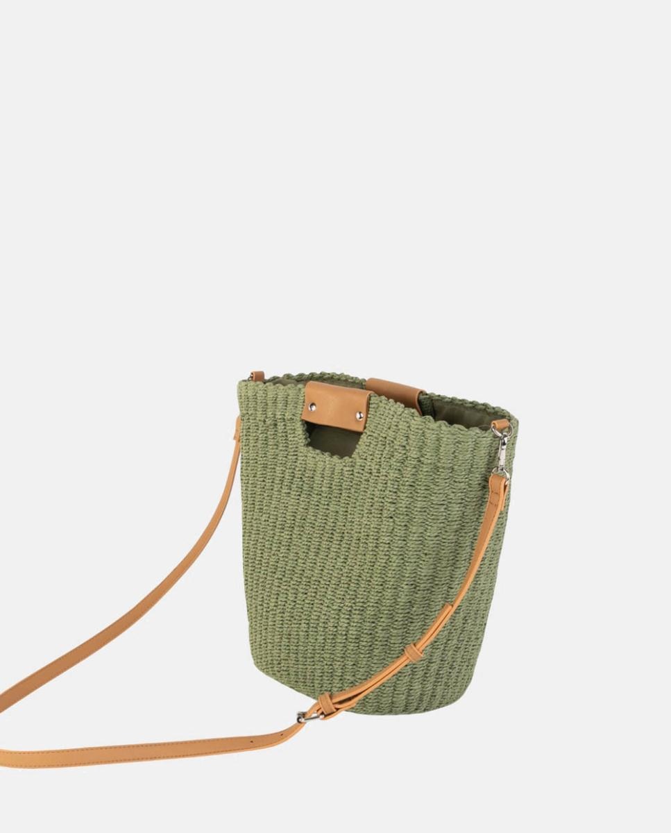 Mala Tipo Cesta Grande de Ráfia com Alça Comprida Ajustável Verde-militar-3