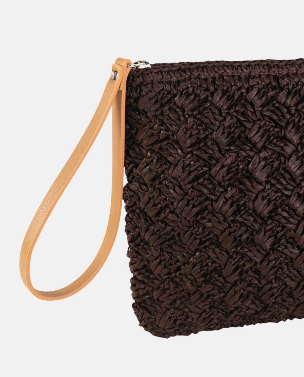 Mala Clutch Pequena de Ráfia Entrançada com Formato de Clutch e Alça de Pulso Castanho-2