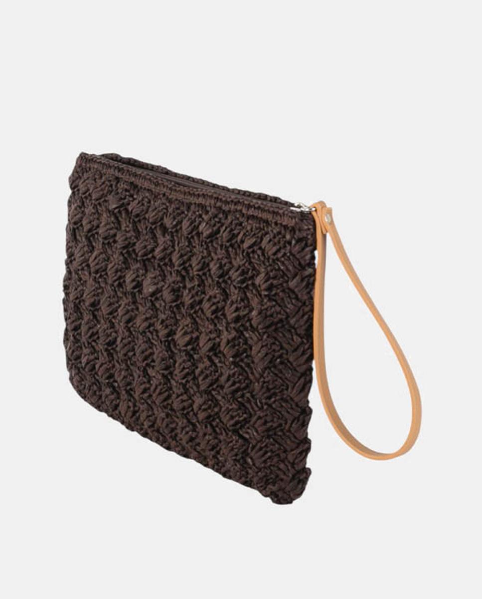 Mala Clutch Pequena de Ráfia Entrançada com Formato de Clutch e Alça de Pulso Castanho-3