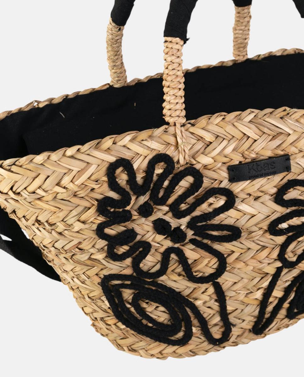 Cesta a Tiracolo de Fibra Natural com Bordado Floral Preto-2