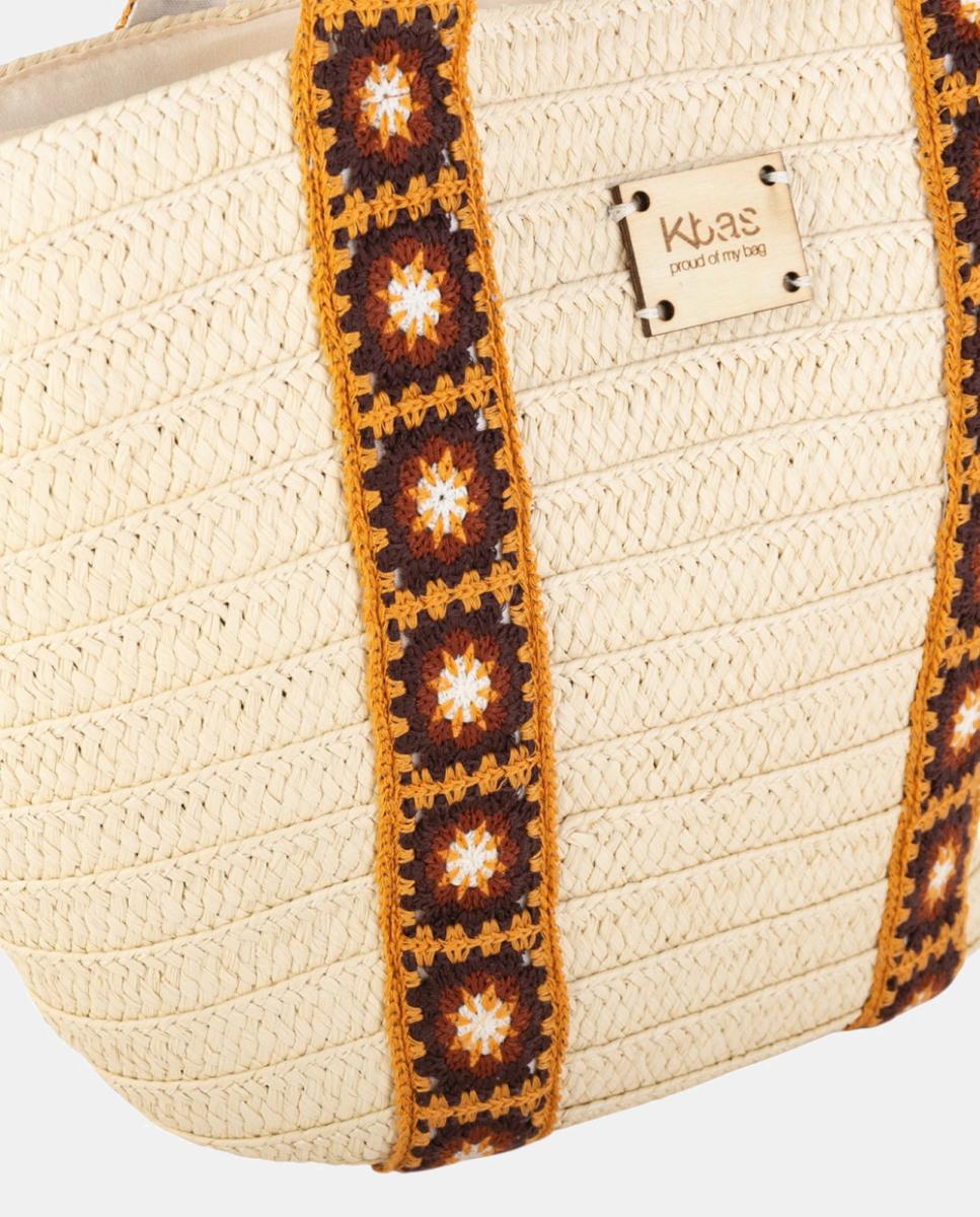 Cesta de Fibra Natural Entrançada Grande com Alças de Crochet Artesanal Natural-2
