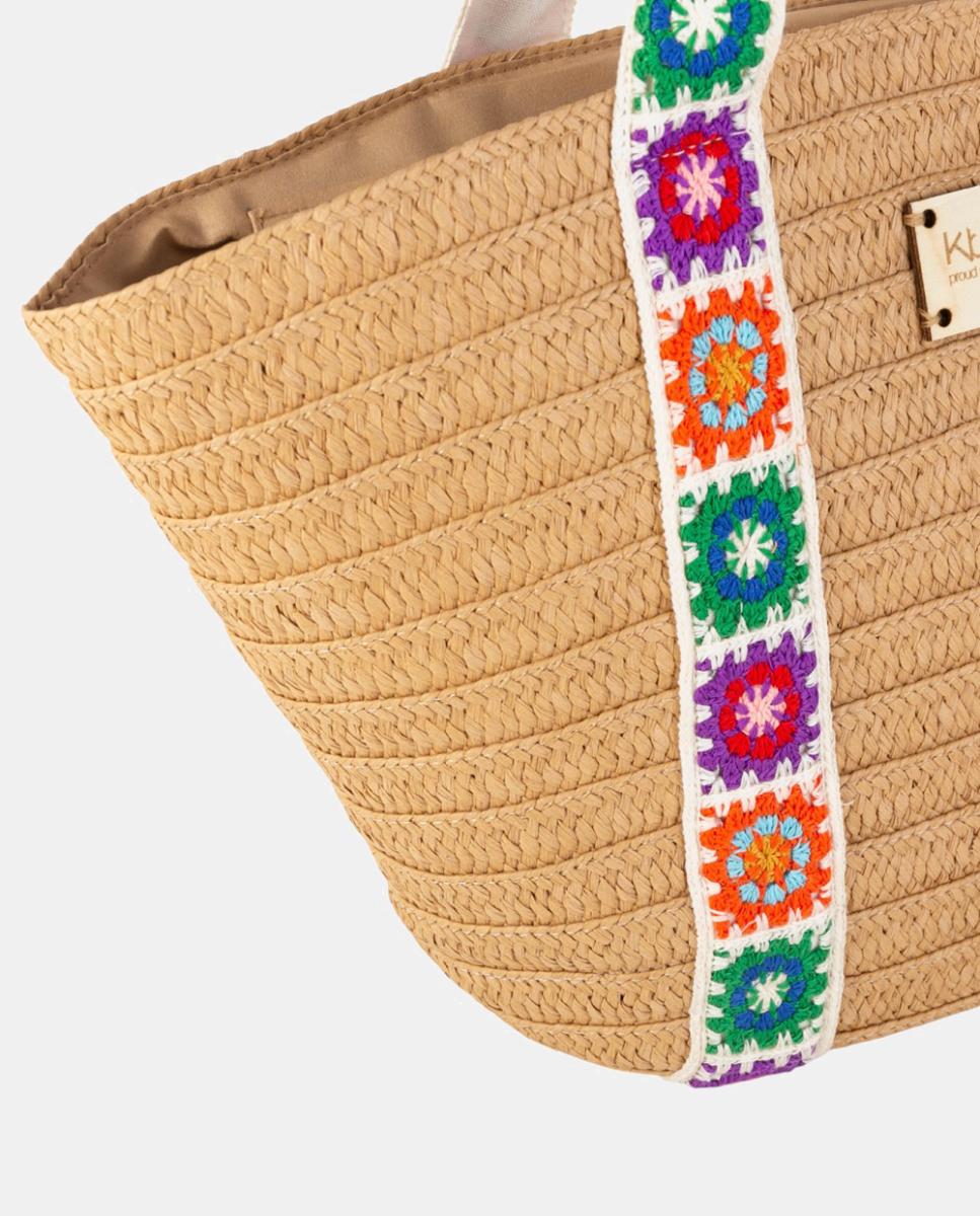 Cesta de Fibra Natural Entrançada Grande com Alças de Crochet Artesanal Castanho-claro-2