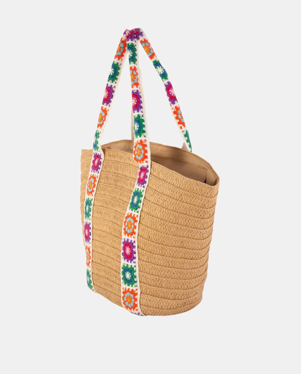 Cesta de Fibra Natural Entrançada Grande com Alças de Crochet Artesanal Castanho-claro-3
