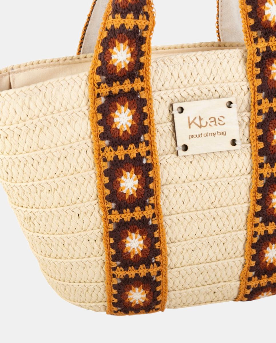 Cesta de Fibra Natural Entrançada Pequena com Alças de Crochet Artesanal Natural-2