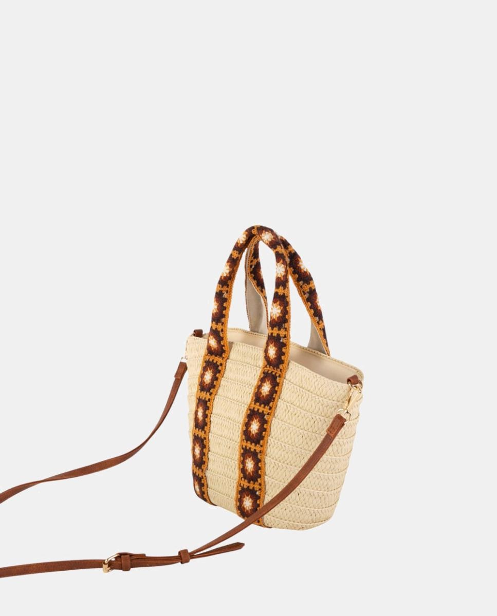 Cesta de Fibra Natural Entrançada Pequena com Alças de Crochet Artesanal Natural-3
