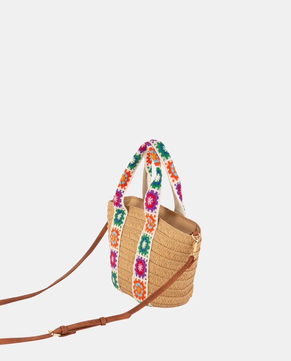 Cesta de Fibra Natural Entrançada Pequena com Alças de Crochet Artesanal Castanho-claro-3