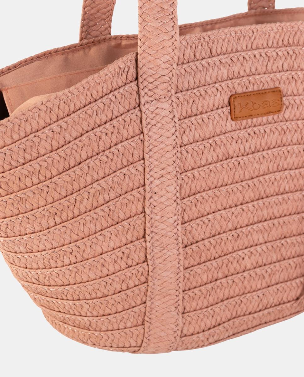 Cesta de Fibra Natural Entrançada Tamanho Grande com Detalhe de Borla Rosa-pálido-2