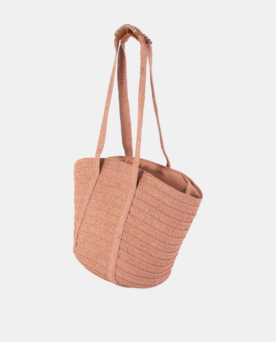 Cesta de Fibra Natural Entrançada Tamanho Grande com Detalhe de Borla Rosa-pálido-3