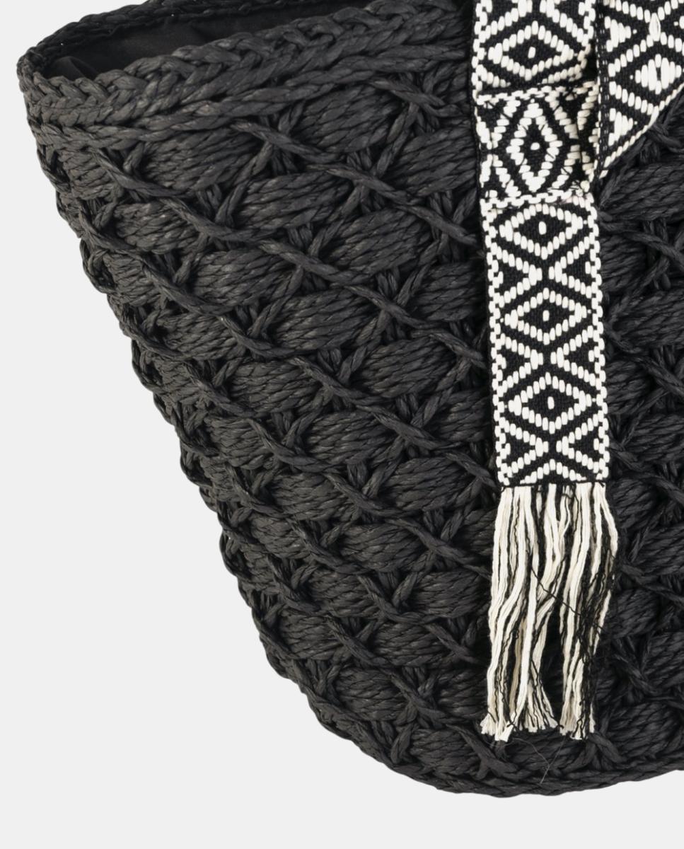 Cesta de Fibra Natural Entrançada com Alças Duplas Bordadas Preto-2