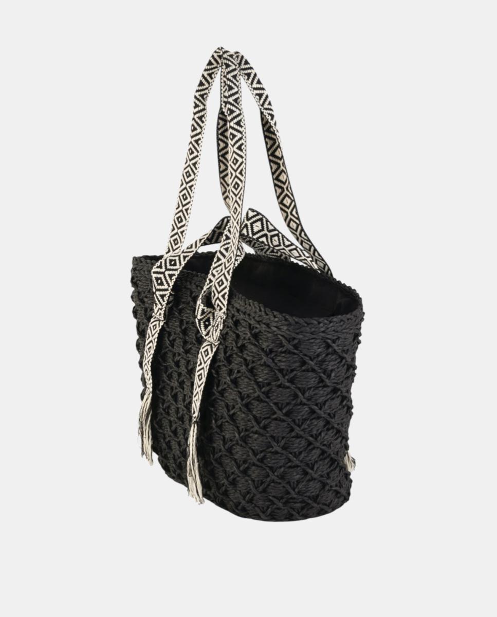 Cesta de Fibra Natural Entrançada com Alças Duplas Bordadas Preto-3