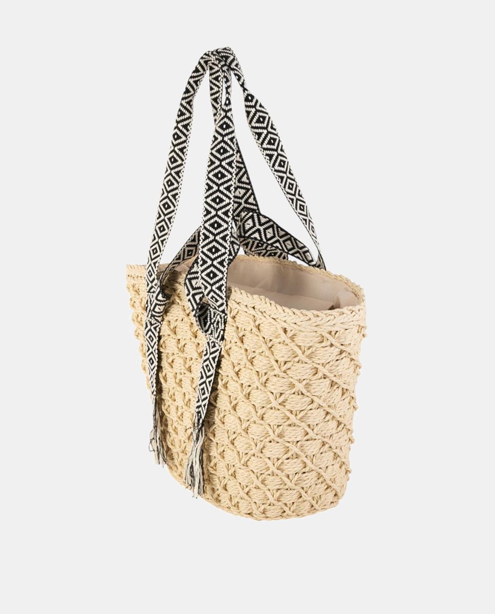 Cesta de Fibra Natural Entrançada com Alças Duplas Bordadas Natural-3