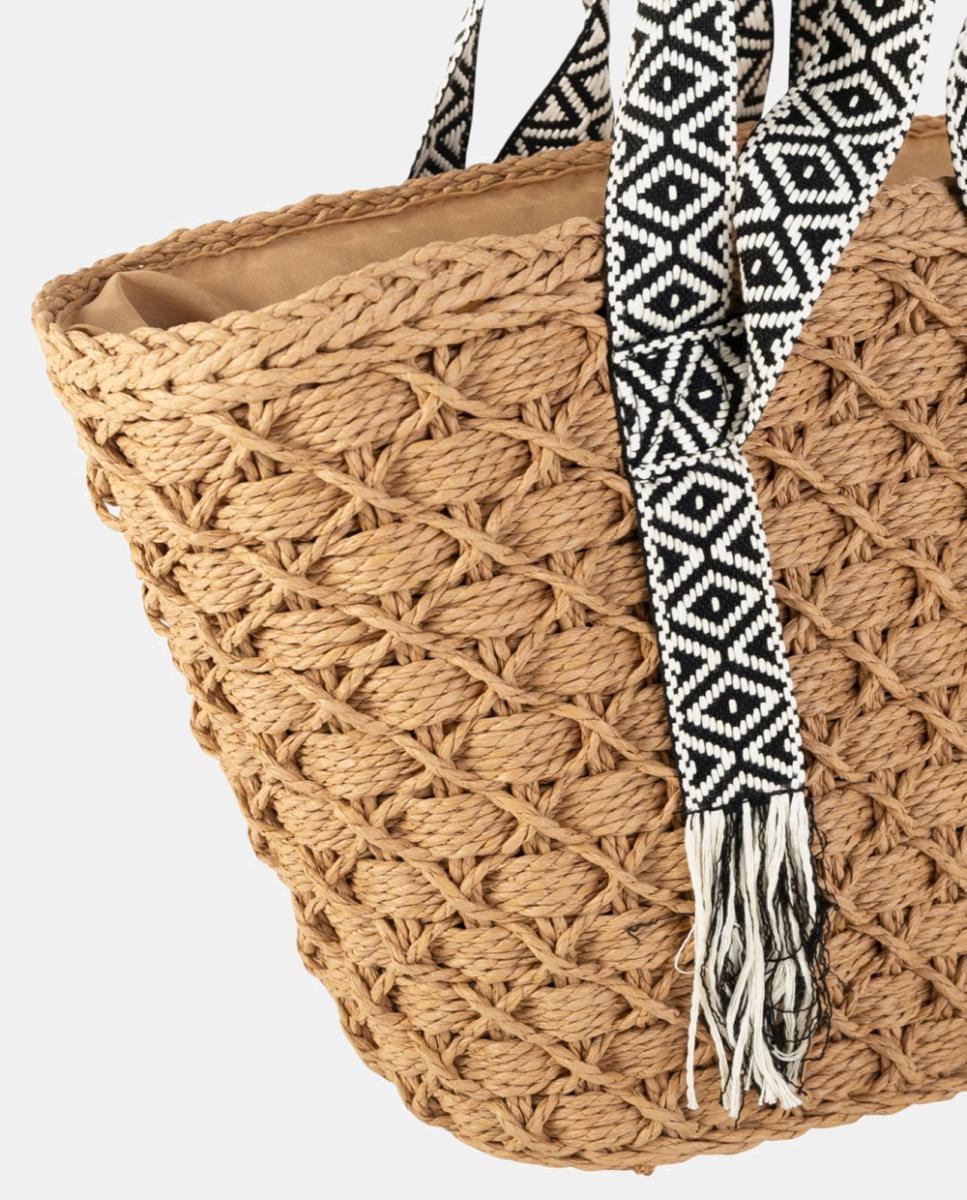 Capazo de fibra natural trenzada con dobles asas bordadas - Kbas - Marrón claro Marrón claro-2