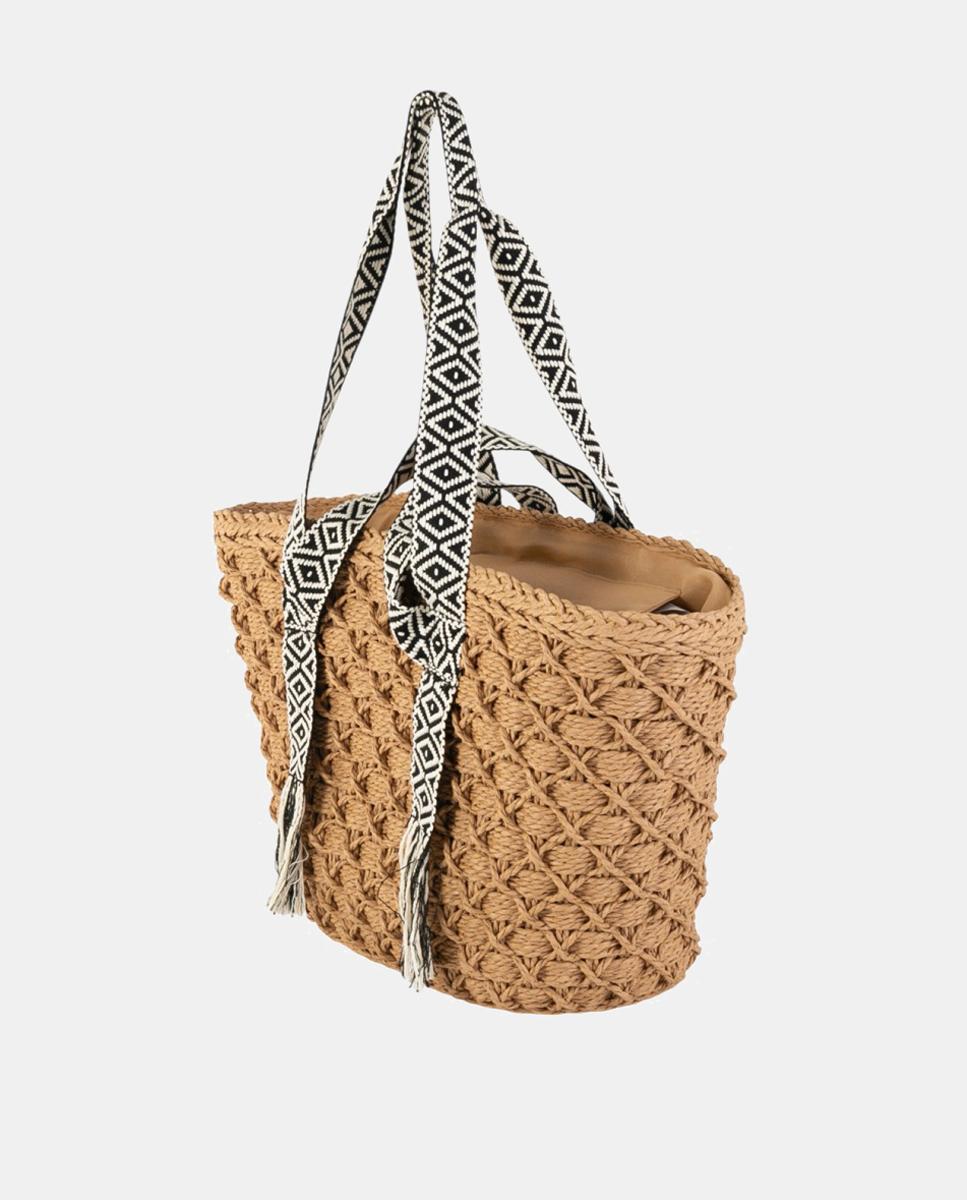 Capazo de fibra natural trenzada con dobles asas bordadas - Kbas - Marrón claro Marrón claro-3